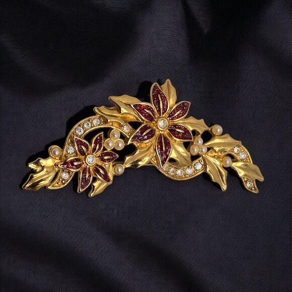 Holiday Gift Lovely Gold Tone Vintage Enamel Poinsettia Christmas Garland Brooch - Picture 9 of 11